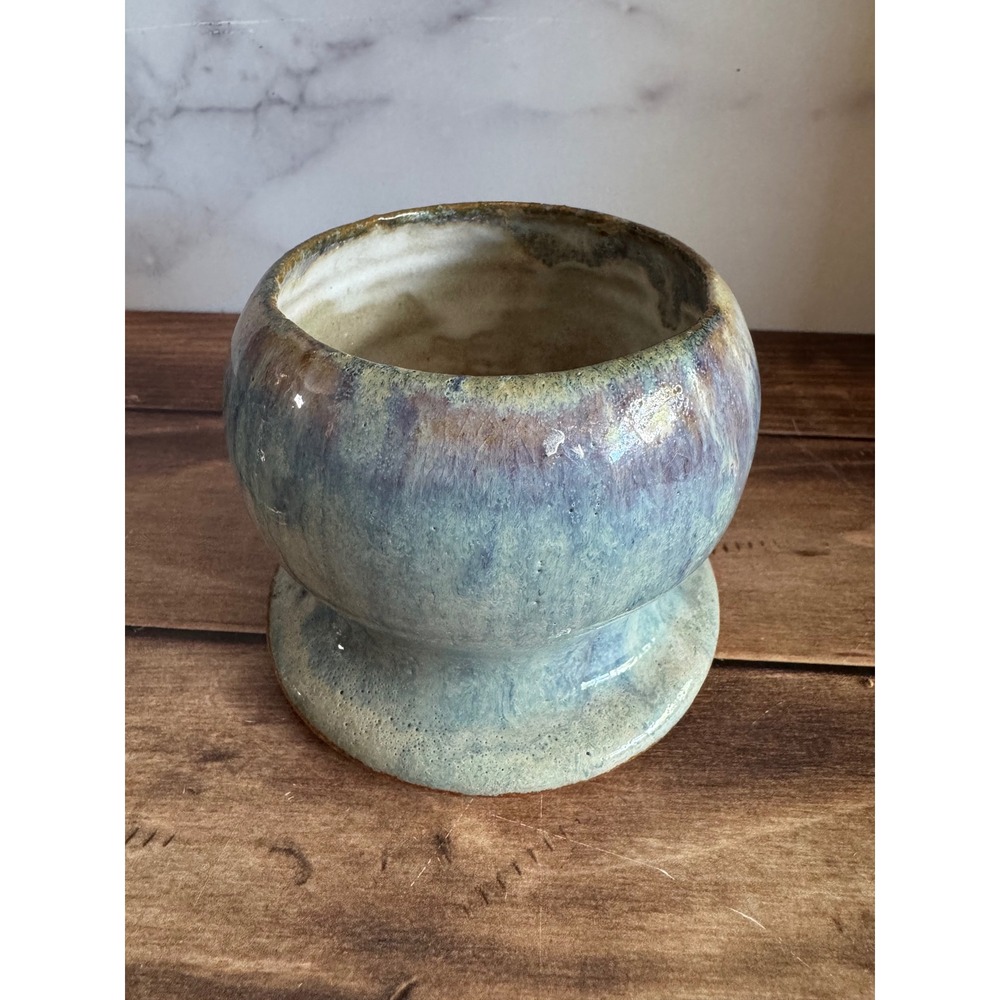 Vintage 1977 Signed Studio Pottery Blue Purple Drip Glaze Pedestal Bowl Vessel